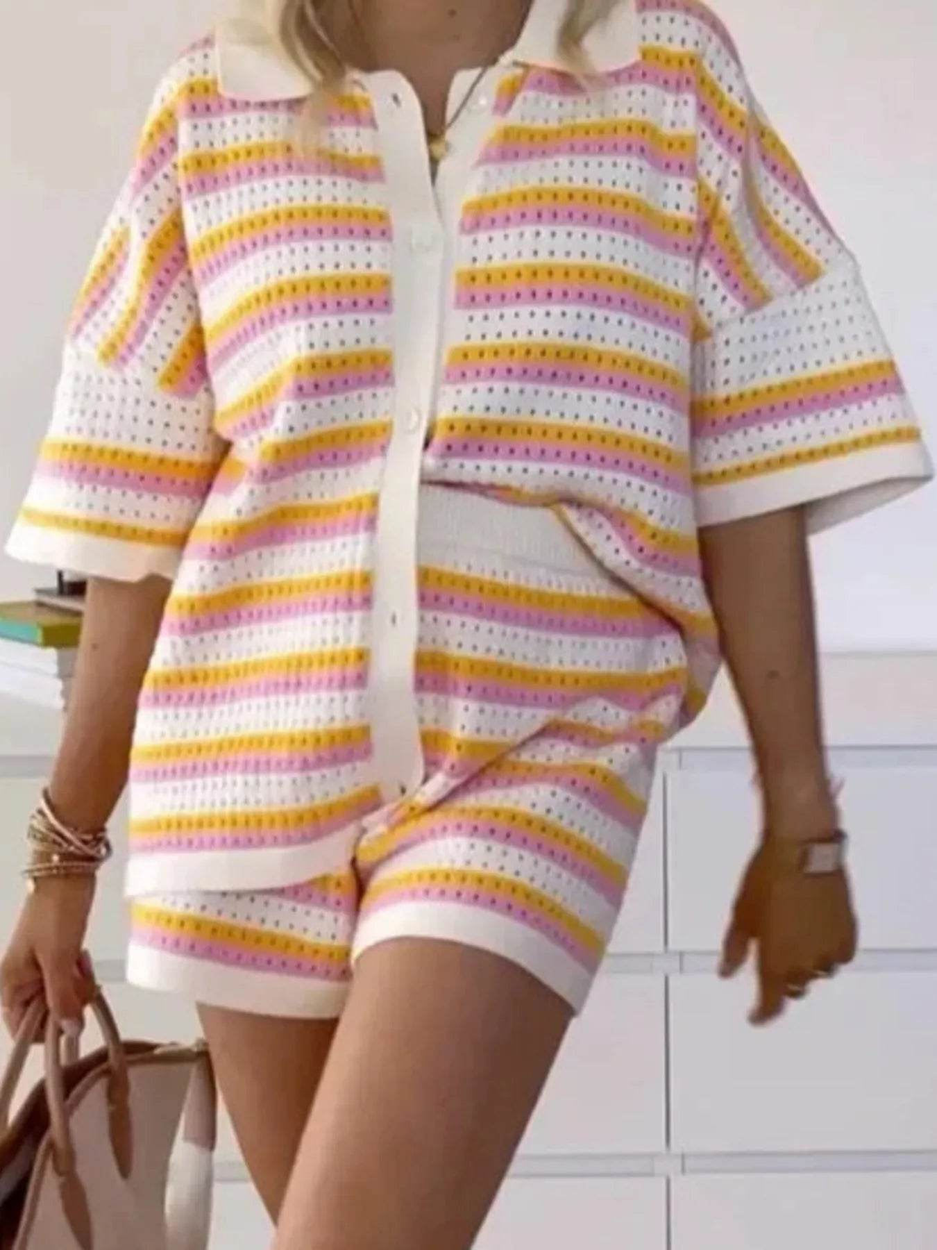 Striped Eyelet Button Up Shirt and Shorts Set Trendsi 74f46e16d5354b558beded59da87c6da-Max-Origin