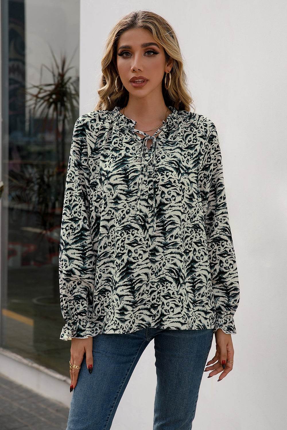Ivy Lane Printed Tie Neck Frill Trim Flounce Sleeve Blouse Trendsi 750312b8ce3744dab1cb45a3979dc22c-Max