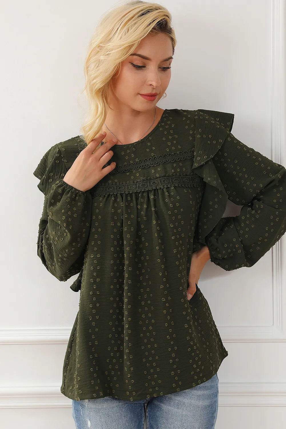 Round Neck Ruffled Blouse Black Forest Trendsi 7526603f-999f-4099-abfc-235f59a8c313-Max