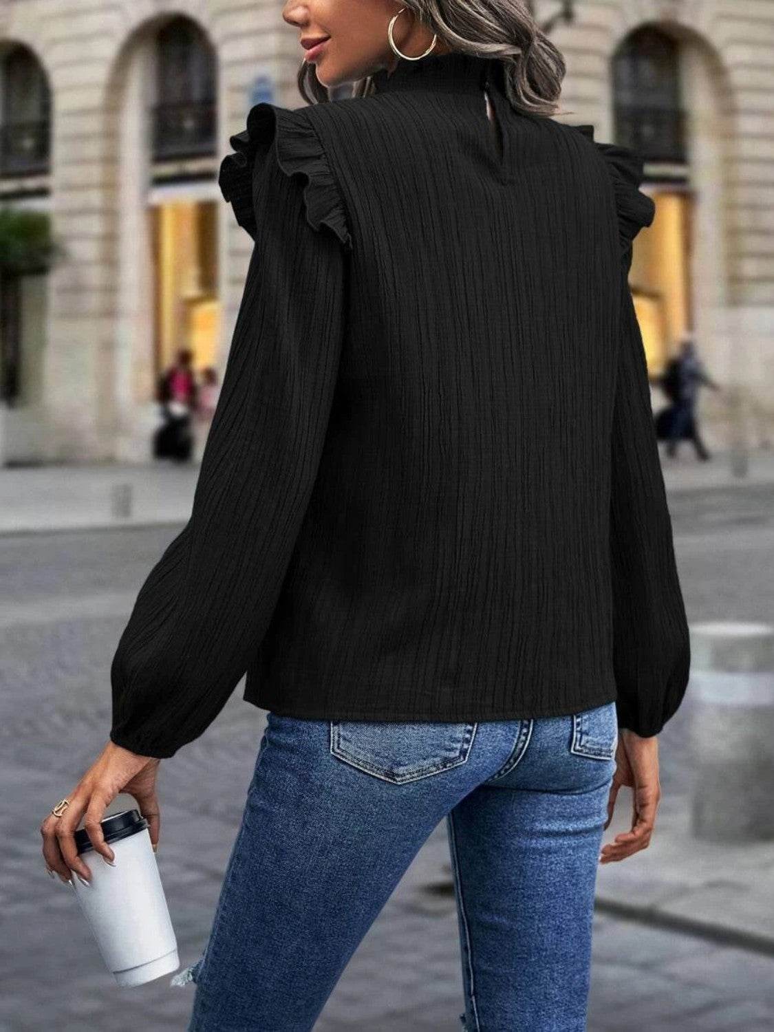 Mock Neck Ruffle Shoulder Blouse Trendsi 7537b3319fe14dcc9098773e3b5eca1b-Max