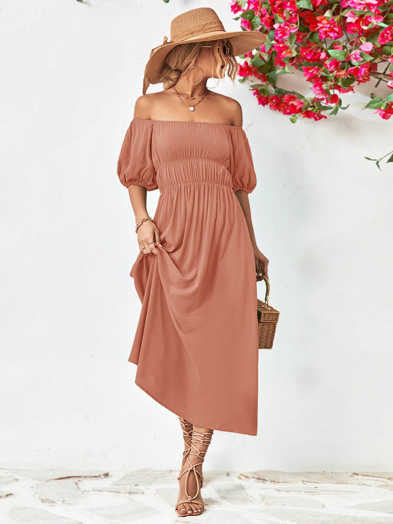 Off-Shoulder Balloon Sleeve Midi Dress Trendsi 753b66e8446943a984cc57307f8f0e61-Max