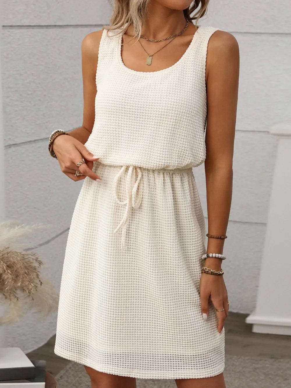 Waffle-Knit Drawstring Mini Tank Dress Trendsi 755e72a9-bf8b-43ad-b51b-424be9116641-Max