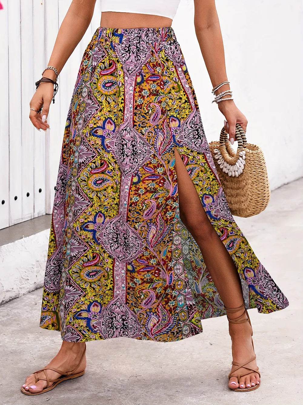Slit Printed Elastic Waist Skirt Yellow-Green Trendsi 75a258b6-93e1-42d7-be16-13be7a2be2ad-Max