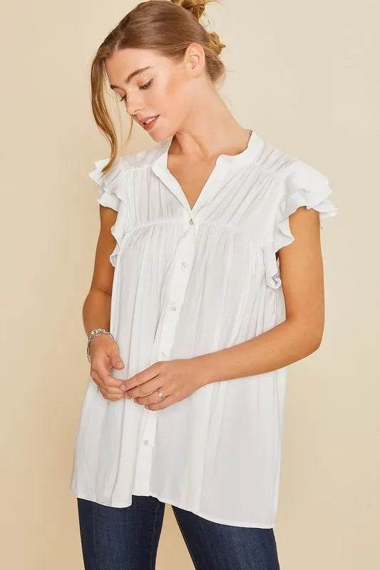 Annie Wear Ruffle Sleeve Shirred Flowy Woven Tunic Shirts WHITE Trendsi 75a3186d320a48c0a6f238a96cb02dc0-Max-Origin
