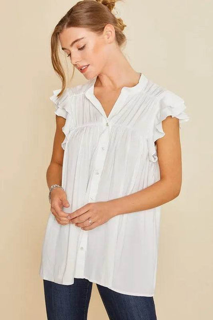 Annie Wear Ruffle Sleeve Shirred Flowy Woven Tunic Shirts WHITE Trendsi 75a3186d320a48c0a6f238a96cb02dc0-Max-Origin