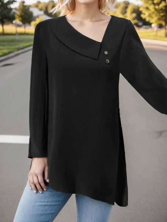 Asymmetrical Neck Long Sleeve Blouse Black Trendsi 75b60d8f5da04f4e8b454c36153ba706-Max