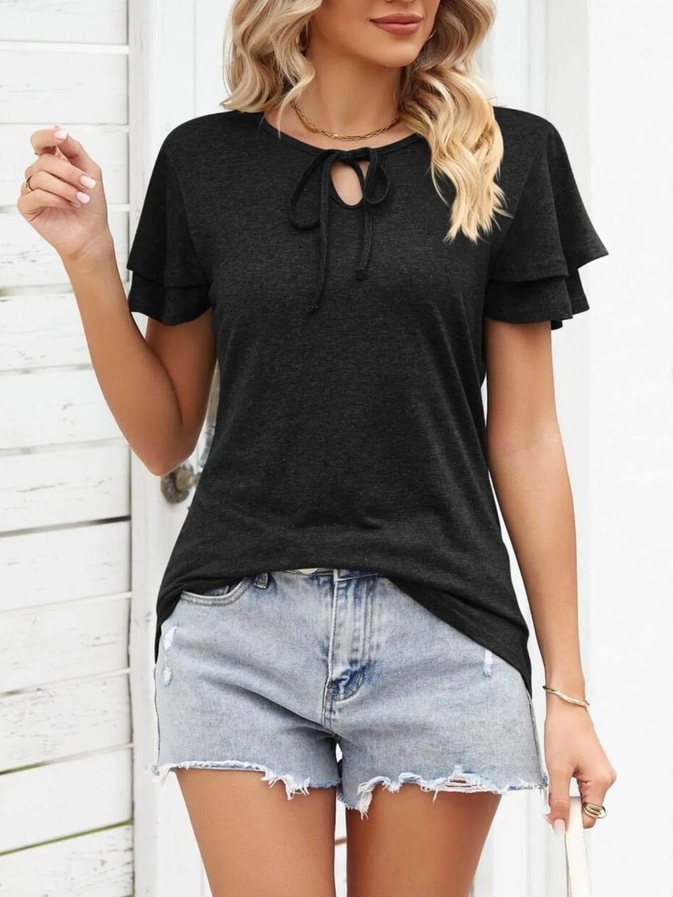 Ruffle Sleeve Keyhole Tie Neck T-Shirt Black Trendsi 75bb7f24-62a6-470e-a60f-51e4c03c8064-Max-Origin