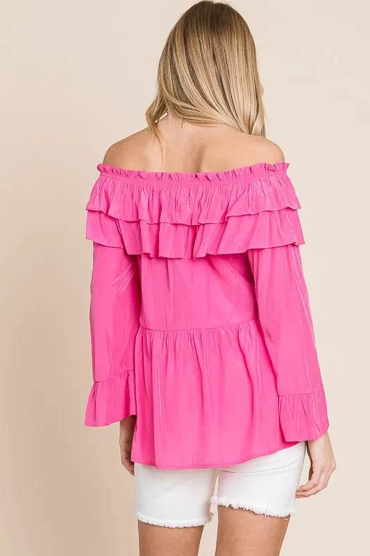 Lime 'N' Chili Ruffled Trumpet Sleeve Off-The-Shoulder Top Trendsi 75c2bd34a0fc42f9be2d7780ee21da4e-Max-Origin