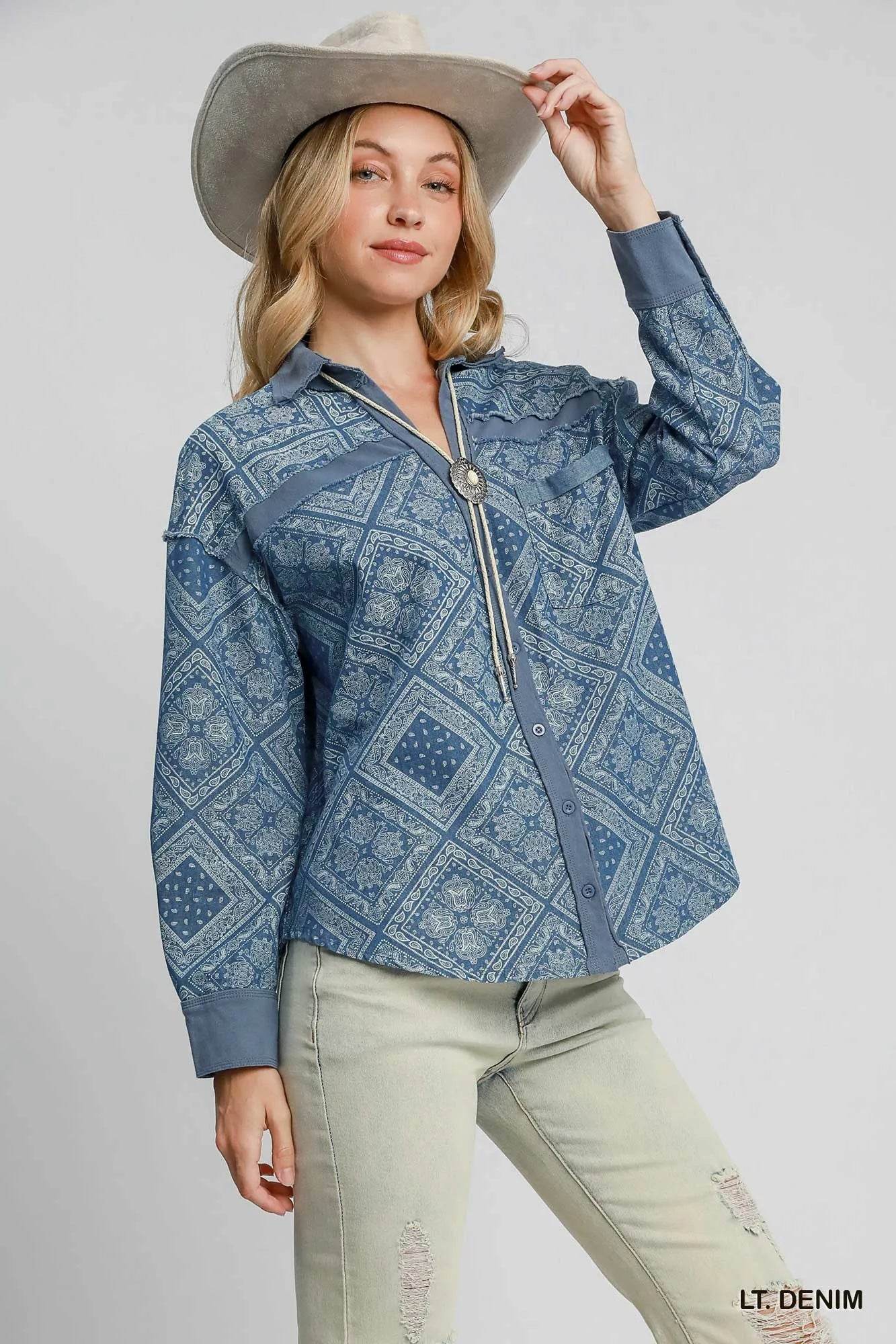 Umgee Paisley Print Denim Shirt Jacket Trendsi 75c60e5f-86a6-47fe-856b-a9aa2a405278-Max-Origin_6b38b0ae-65cf-42fc-8dd5-e29b9915ae04
