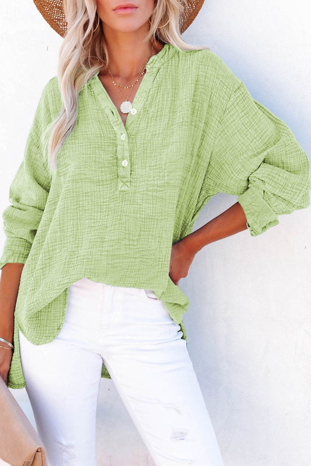 Buttoned Long Sleeve Blouse Gum Leaf Trendsi 75e093fa81c440d6b6bf33b04a9b1195-Max