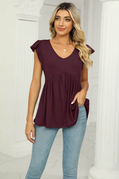 V-Neck Flutter Sleeve Babydoll Blouse Wine Trendsi 75f2f0772cab48cba327b8151e91489e-Max