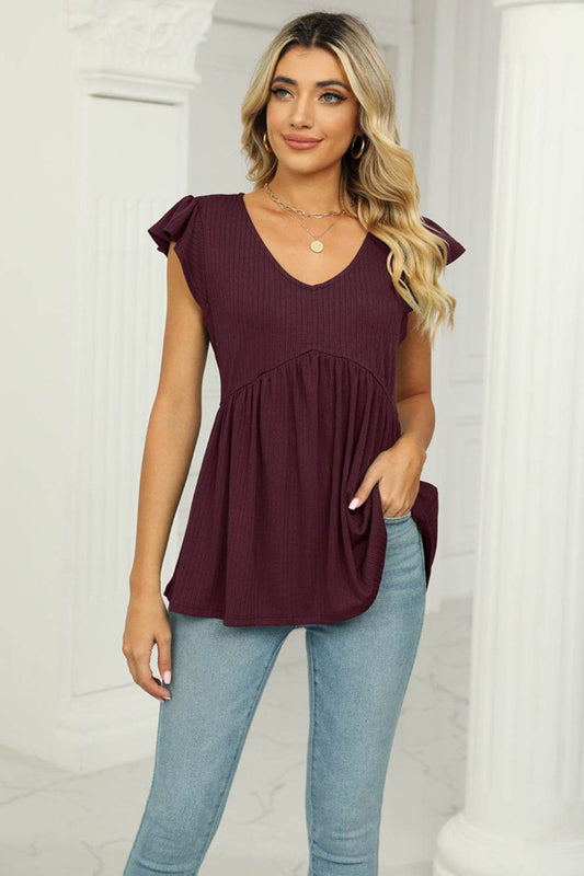 V-Neck Flutter Sleeve Babydoll Blouse Wine Trendsi 75f2f0772cab48cba327b8151e91489e-Max
