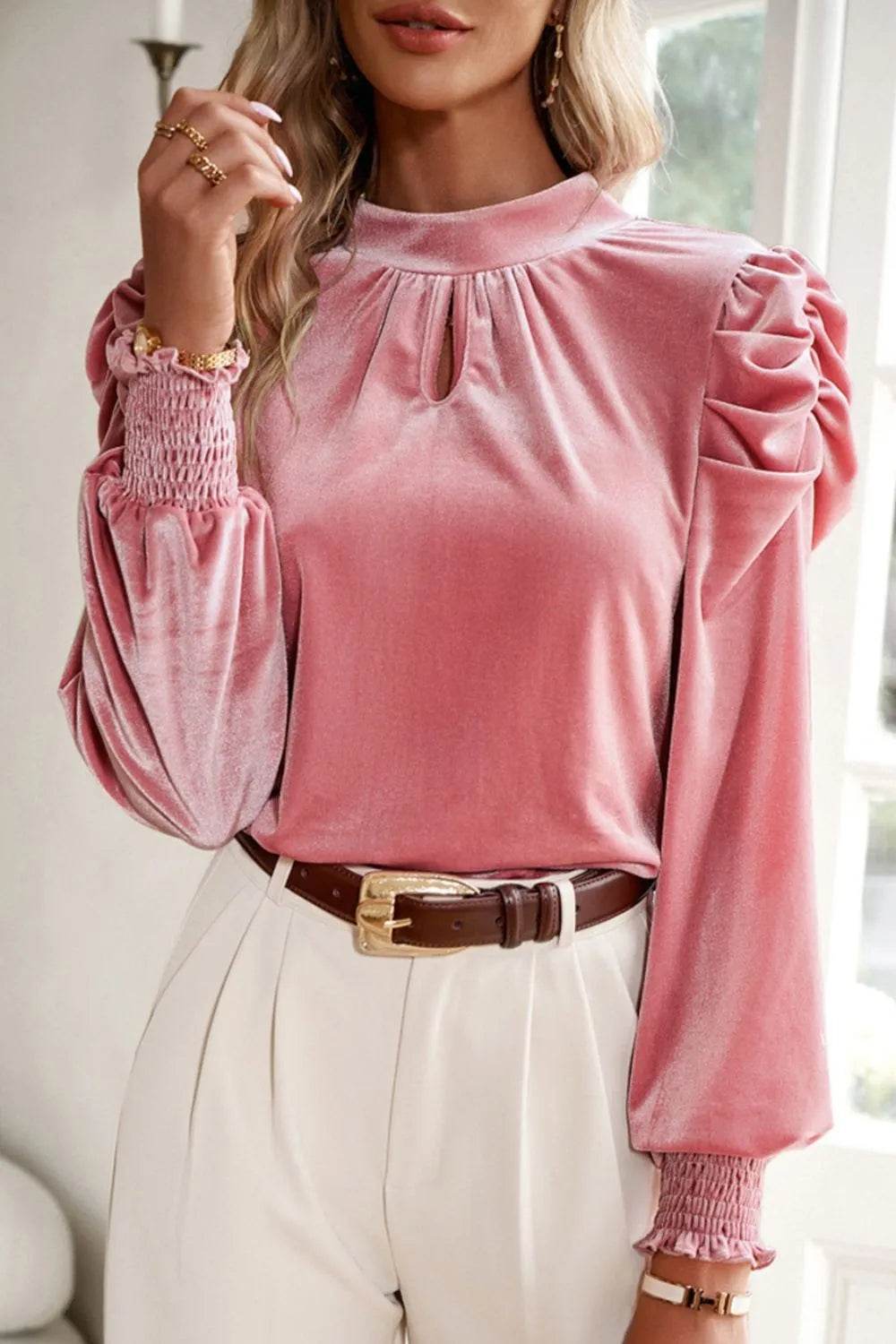 Tie Up Mock Neck Velvet Fabric Long Sleeve Blouse Trendsi 75f9f36a-4da0-42ba-8127-4e784f77b44f-Max