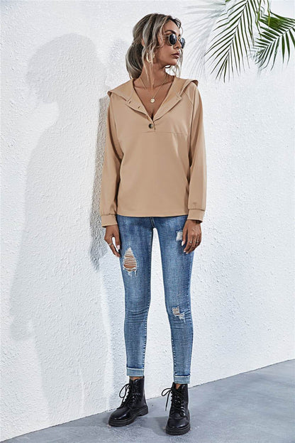 Buttoned Raglan Sleeve Hooded Blouse Trendsi 76057a1302d84589929991726d6aa433-Max