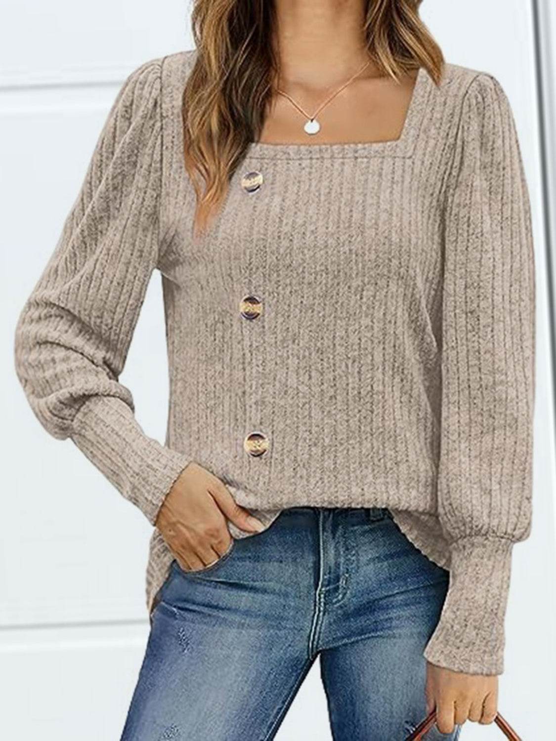 Decorative Button Square Neck Top Dust Storm Trendsi 76366824bdec49878db2110bafd4f1ad-Max