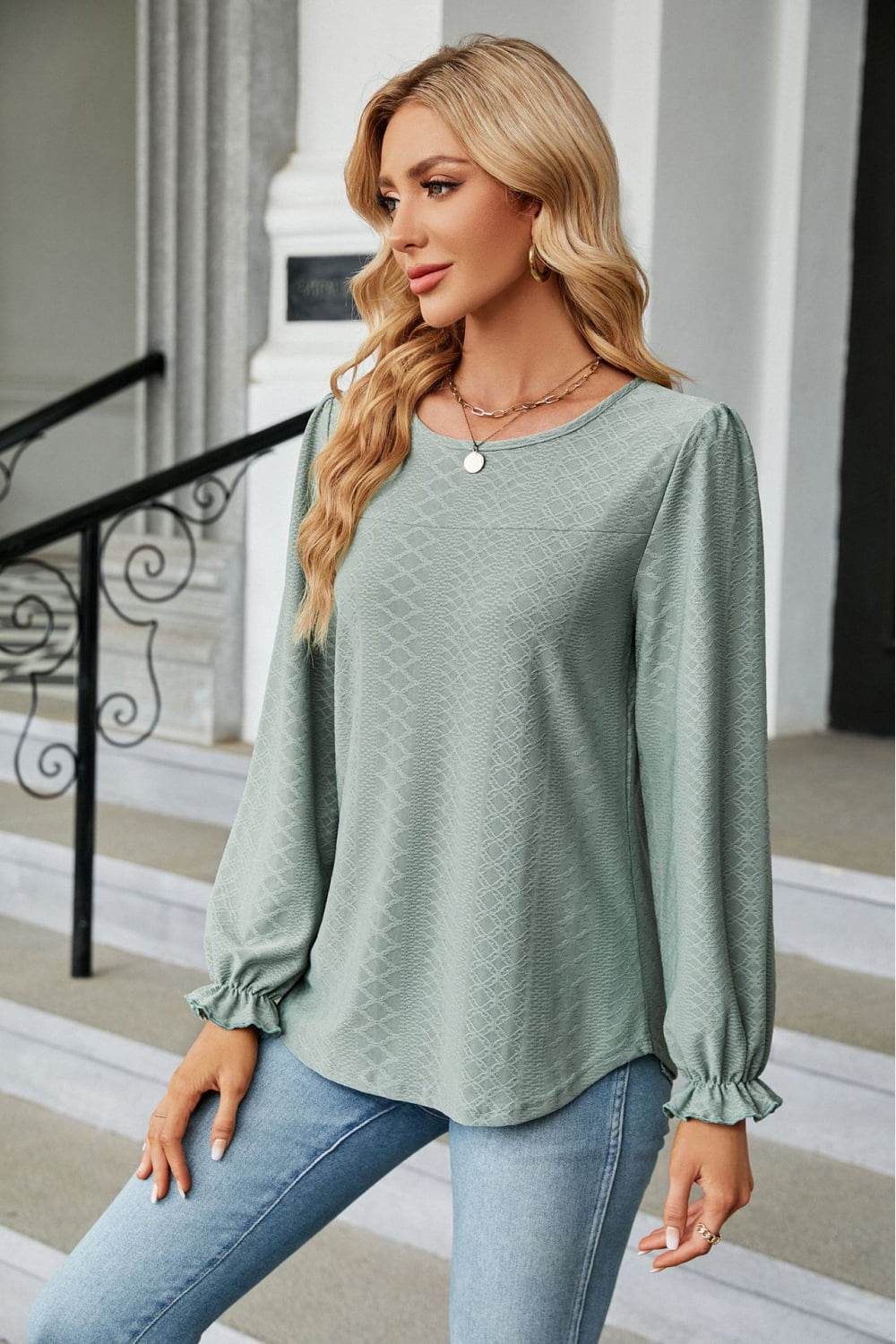 Round Neck Flounce Sleeve Blouse Trendsi 763d8638edc84607b1fbebbc048296aa-Max