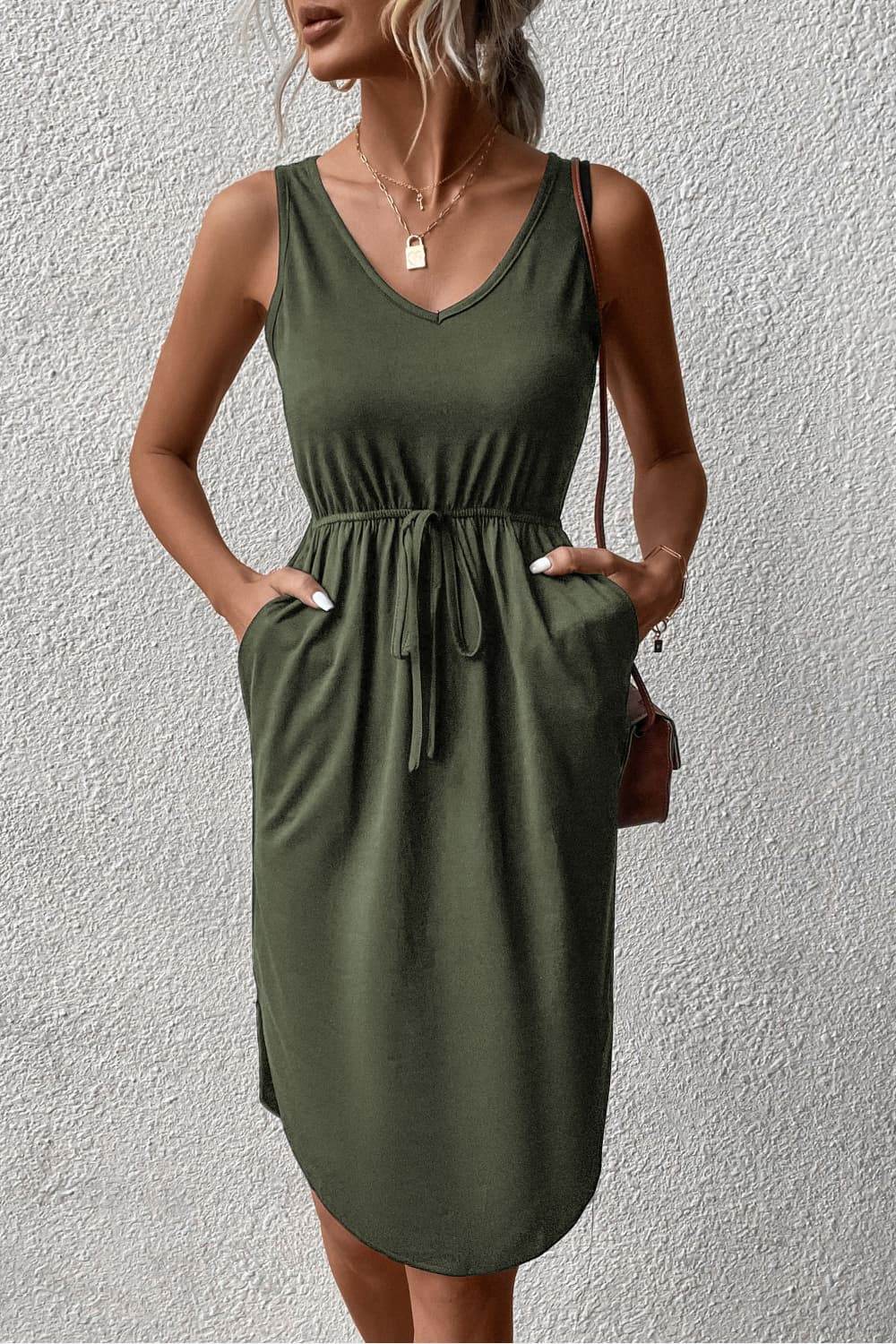 Perfee V-Neck Curved Hem Sleeveless Dress Army Green Trendsi 764e63f833d14989be4b8318efd71a08-Max