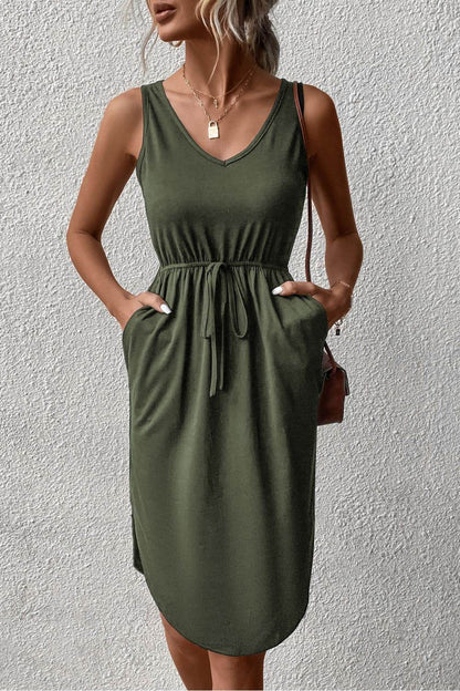Perfee V-Neck Curved Hem Sleeveless Dress Army Green Trendsi 764e63f833d14989be4b8318efd71a08-Max