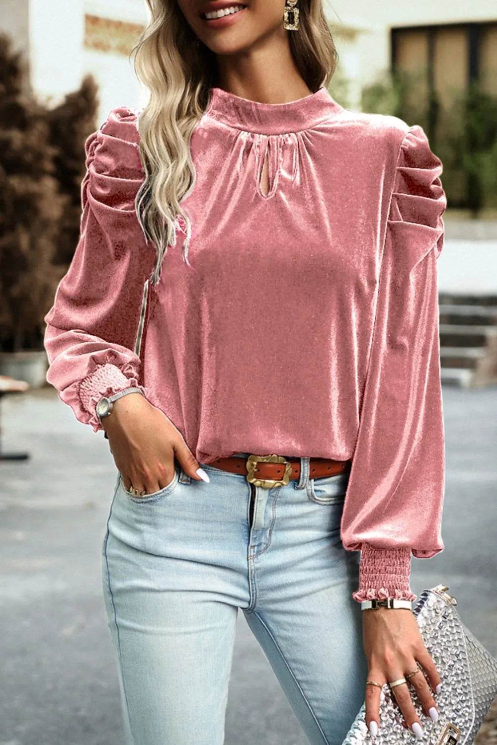 Tie Up Mock Neck Velvet Fabric Long Sleeve Blouse Trendsi 76776385-7ce2-4705-8bfc-1d53c4d235eb-Max