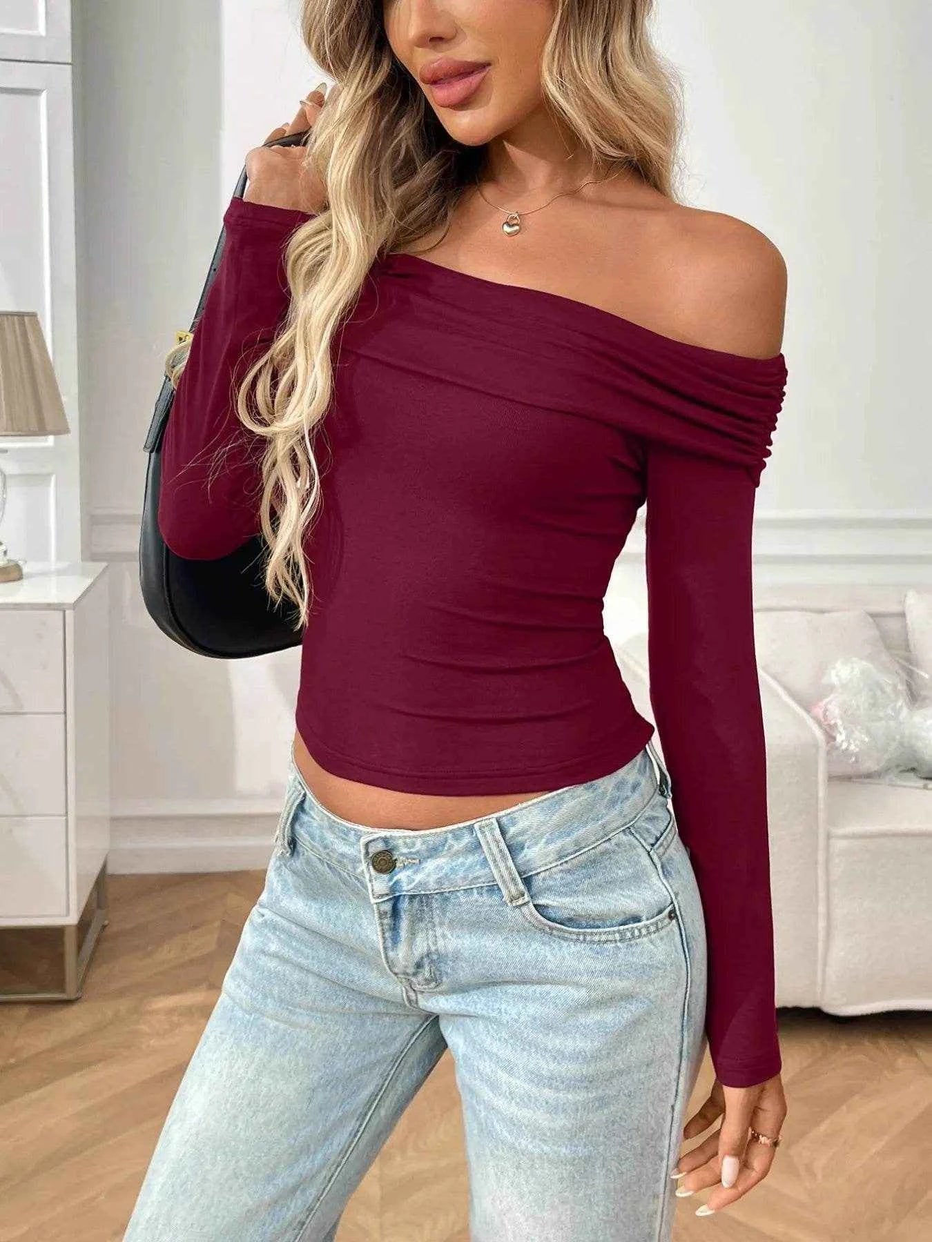 Off-Shoulder Long Sleeve Fitted T-Shirt Trendsi 76936748-d963-47ee-9e93-5f1a05415c37-Max-Origin