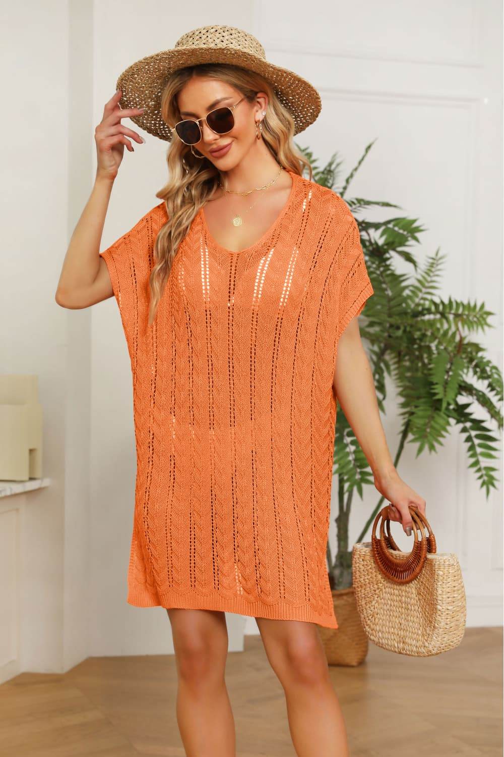 Openwork Side Slit Knit Dress Orange One Size Trendsi 76958248c6514b15bef5ba724d0ed82d-Max