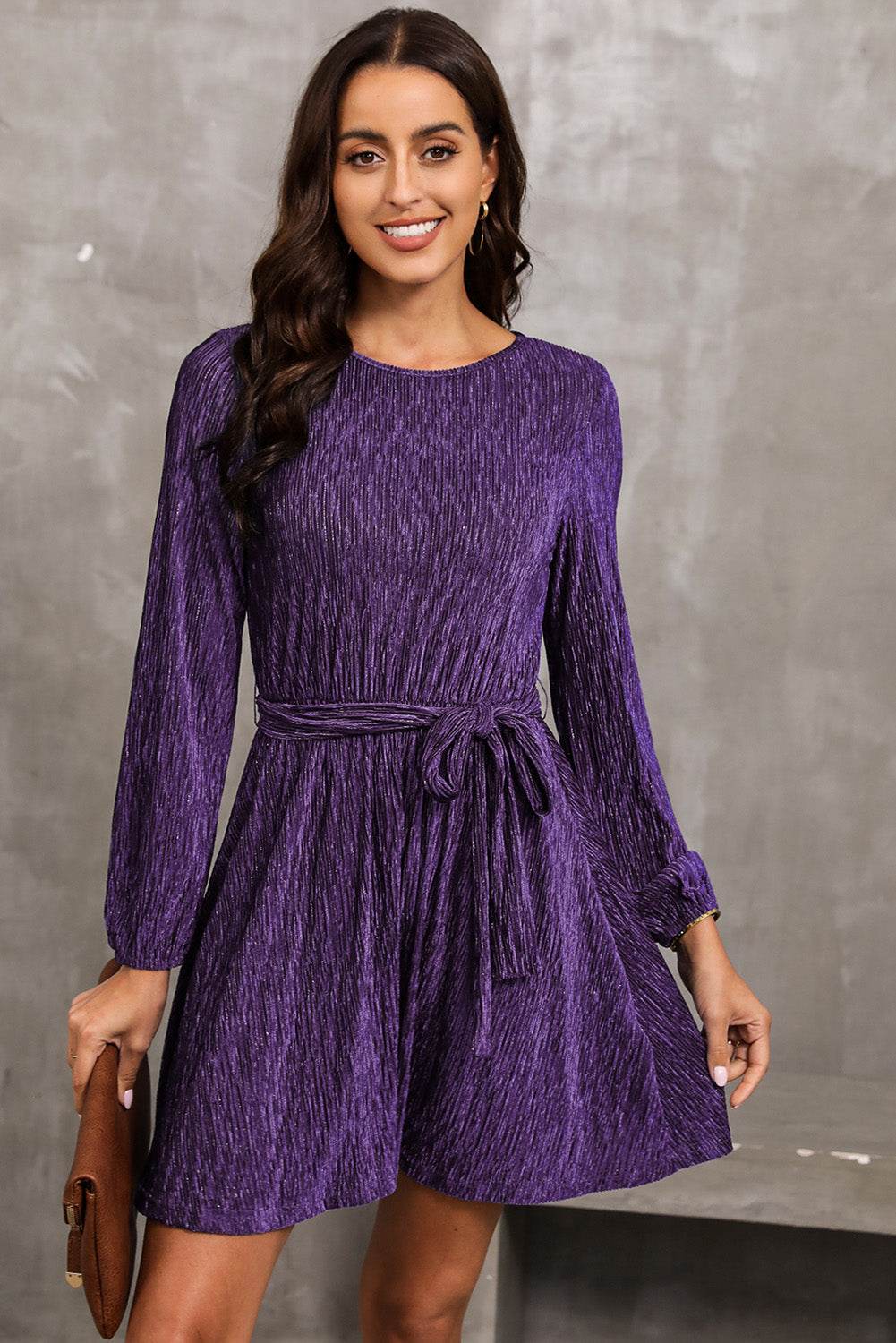 Round Neck Tie Front Long Sleeve Dress Violet Trendsi 7697468e17504a478d5f460a64de66d3-Max
