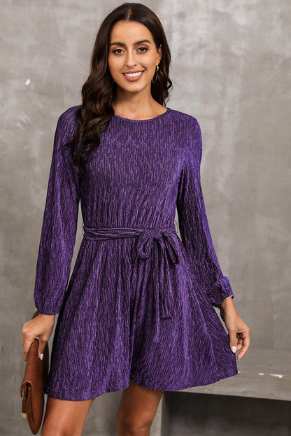 Round Neck Tie Front Long Sleeve Dress Violet Trendsi 7697468e17504a478d5f460a64de66d3-Max