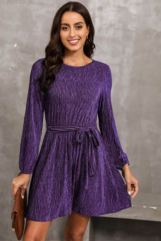 Round Neck Tie Front Long Sleeve Dress Violet Trendsi 7697468e17504a478d5f460a64de66d3-Max