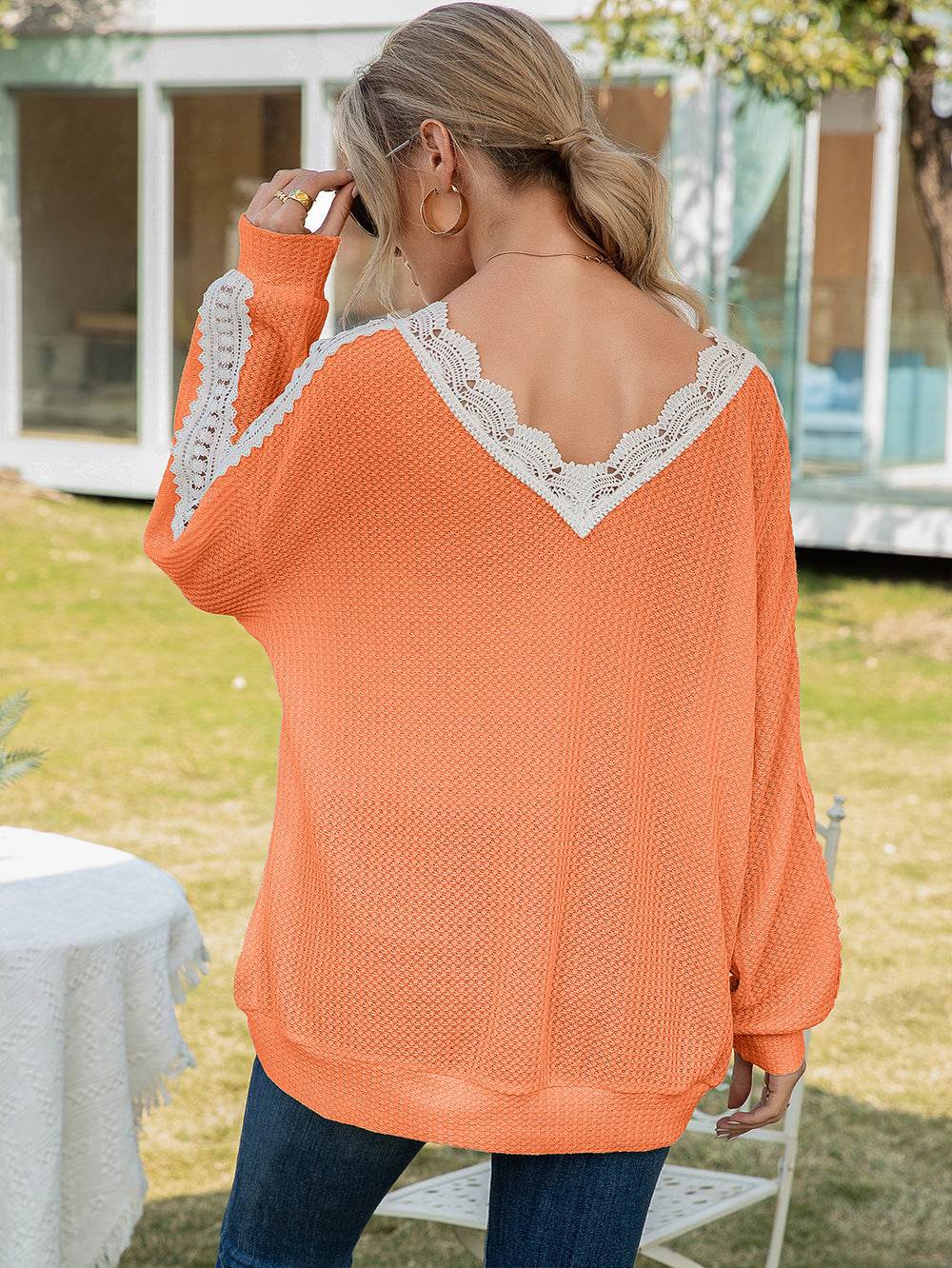 Ivy Lane Contrast Spliced Lace V-Neck Top Trendsi 76c1a71c1c04446bb514de69cfa36aa7-Max