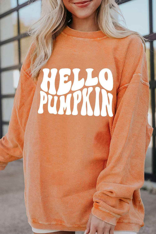 Round Neck Dropped Shoulder HELLO PUMPKIN Graphic Sweatshirt Caramel Trendsi 76cbb61efc7e463fb87db2cfd34d536c-Max