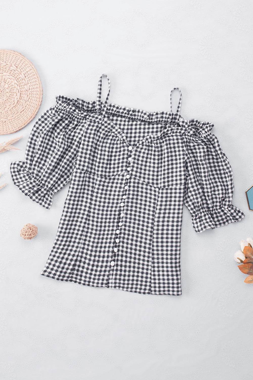 Plaid Buttoned Sweetheart Neck Cold-Shoulder Top Trendsi 771a9bbb7a78466e8261c9aca19007af-Max