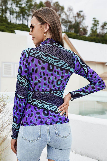 Printed Mock Neck Long Sleeve Blouse Trendsi 772f7eaa93114fd18bb087edb84172c2-Max