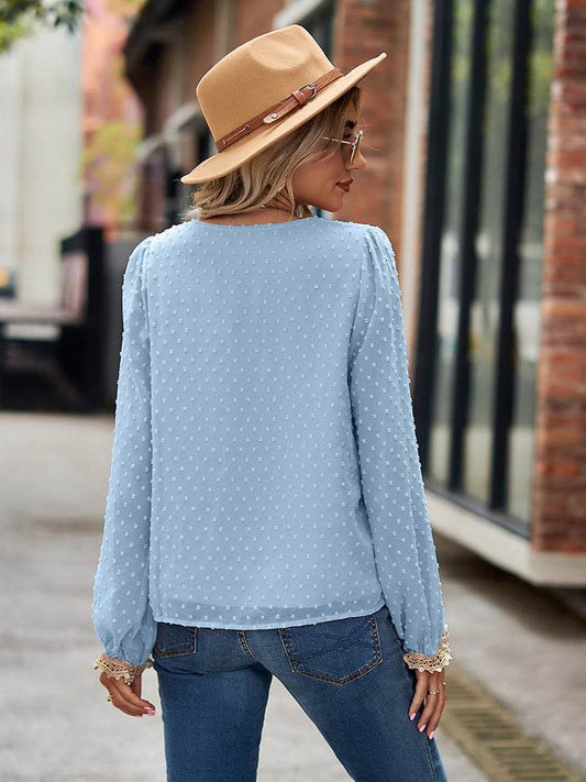 Swiss Dot V-Neck Long Sleeve Blouse Trendsi 775e5b458ce046faadd517c4bba56844-Max