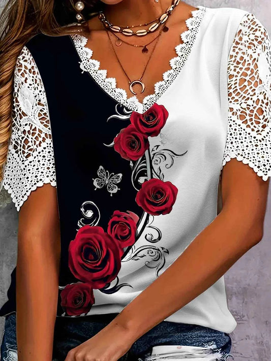 Full Size Printed Lace Sleeve V-Neck T-Shirt Plus Size Scarlet Trendsi 7762b35457544abd80dcd0ef0b948e08-Max-Origin