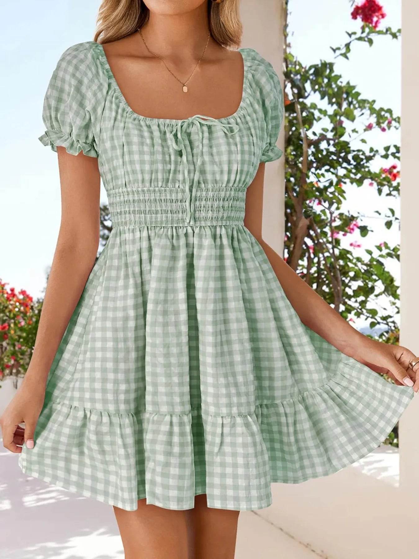 Gingham Smocked Puff Sleeve Summer Dress Green Trendsi 7765a81926a641368511680496f9e9f1-Max-Origin