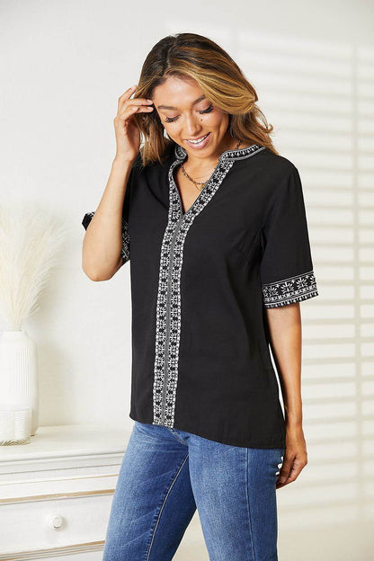 Double Take Embroidered Notched Neck Top Trendsi 77686d7081f744488c4ab94284f95c28-Max