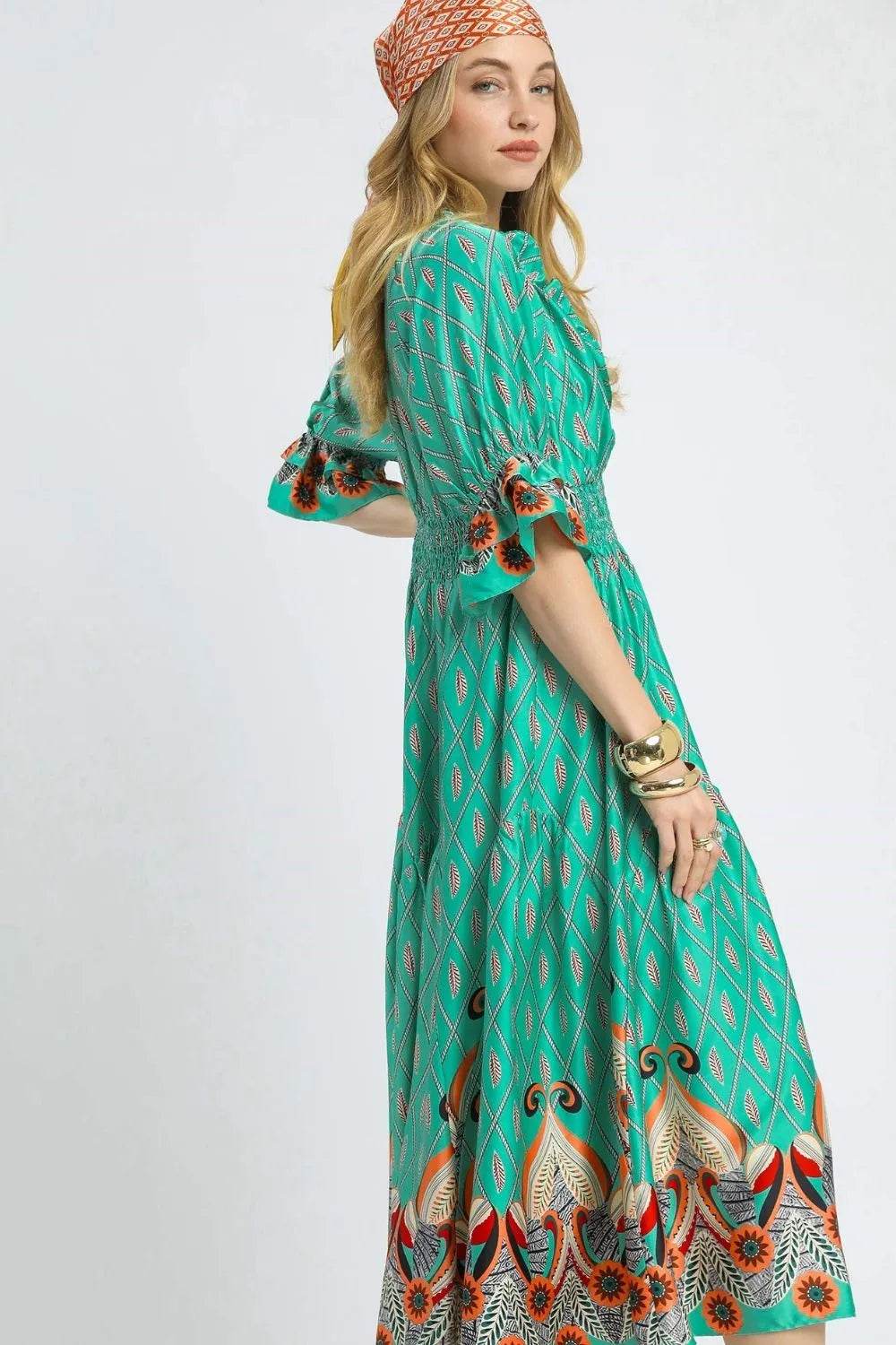 Umgee Printed Smocked Waist Flounce Sleeve Midi Dress Trendsi 7787290f-80e2-4673-bce1-9ac9d940189b-Max-Origin