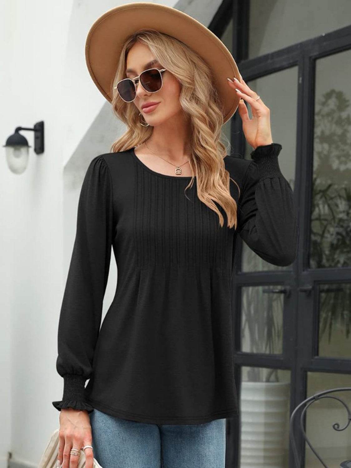 Smocked Round Neck Lantern Sleeve Blouse Trendsi 7794ae5cf0254bd59ca489ed4fd8c871-Max