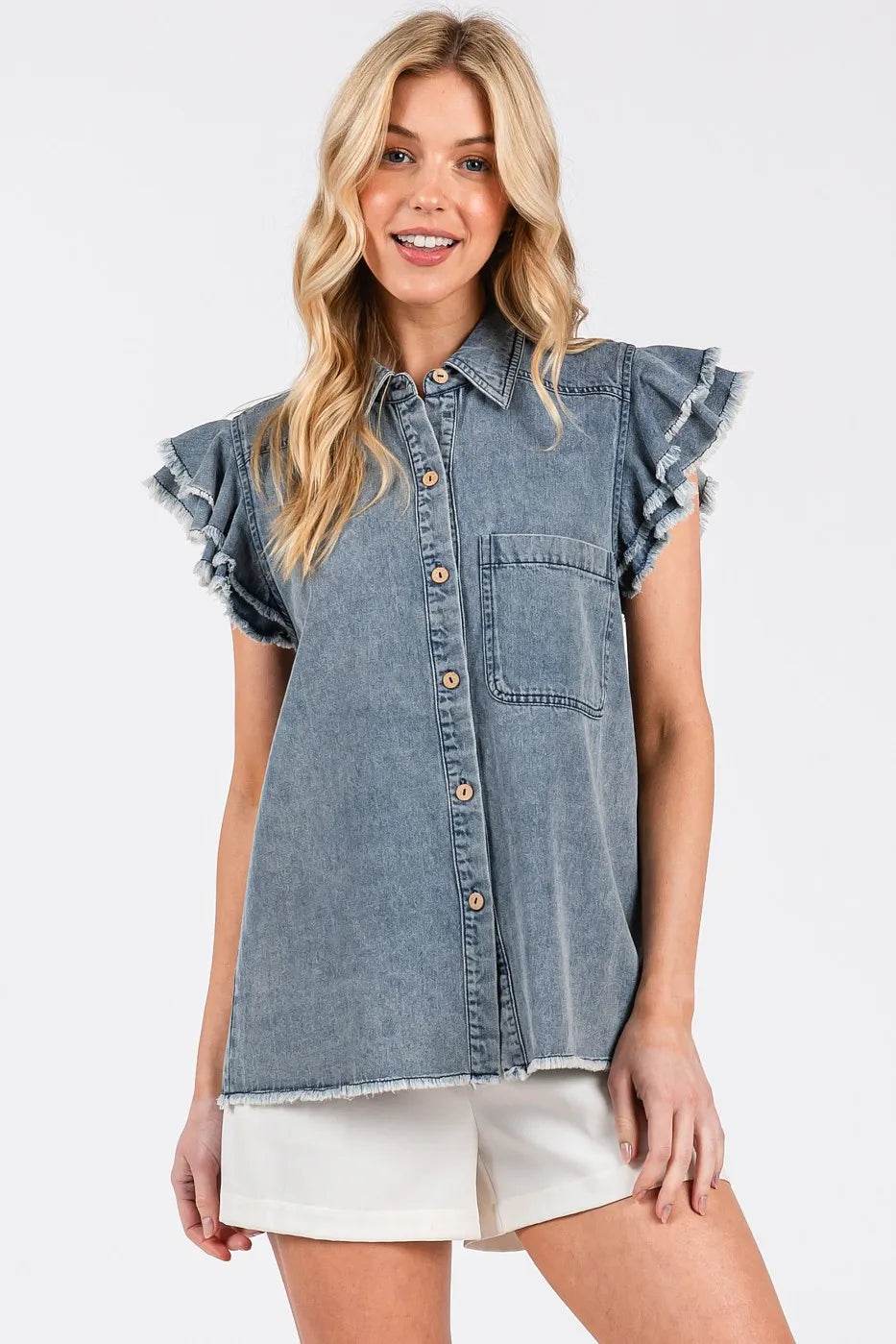 Mittoshop Washed Denim Ruffle Short Sleeve Collared Shirt Trendsi 77b9bbdf6c8b412c93ba0dd513611cb9-Max-Origin