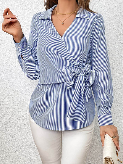 Ivy Lane Bow Tie Waist Johnny Collar Neck Striped Blouse Sky Blue Trendsi 77bac6c2d77e4d1f9ad1fbba08f7f9b6-Max
