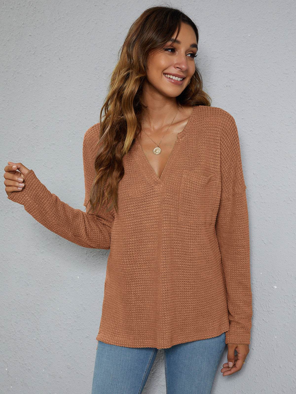 Dropped Shoulder High-Low Waffle-Knit Top Trendsi 77be73ce51cd4ca0b9b4de8e53cc7c58-Max