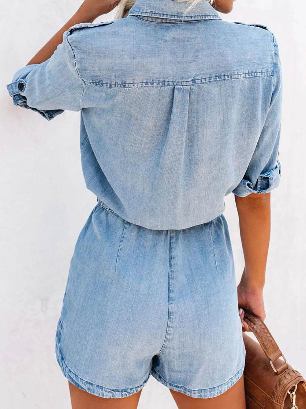 Drawstring Half Button Half Sleeve Denim Romper Trendsi 77df87e5-1a5f-4686-9cc8-8e8a3225921d-Max