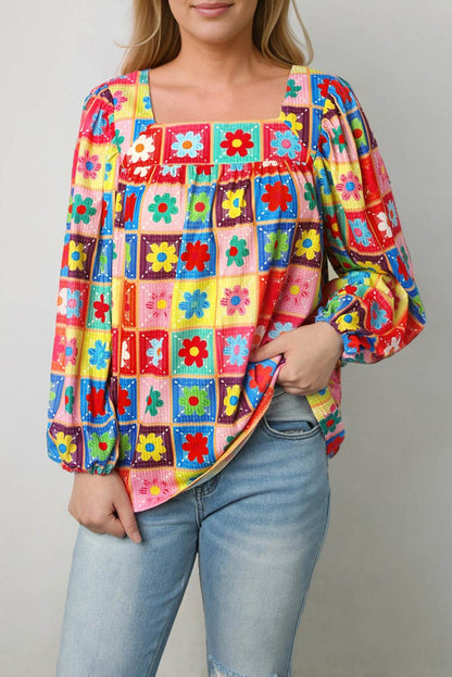 Printed Square Neck Balloon Sleeve Top Trendsi 77effe325957464ab471d56159068246-Max