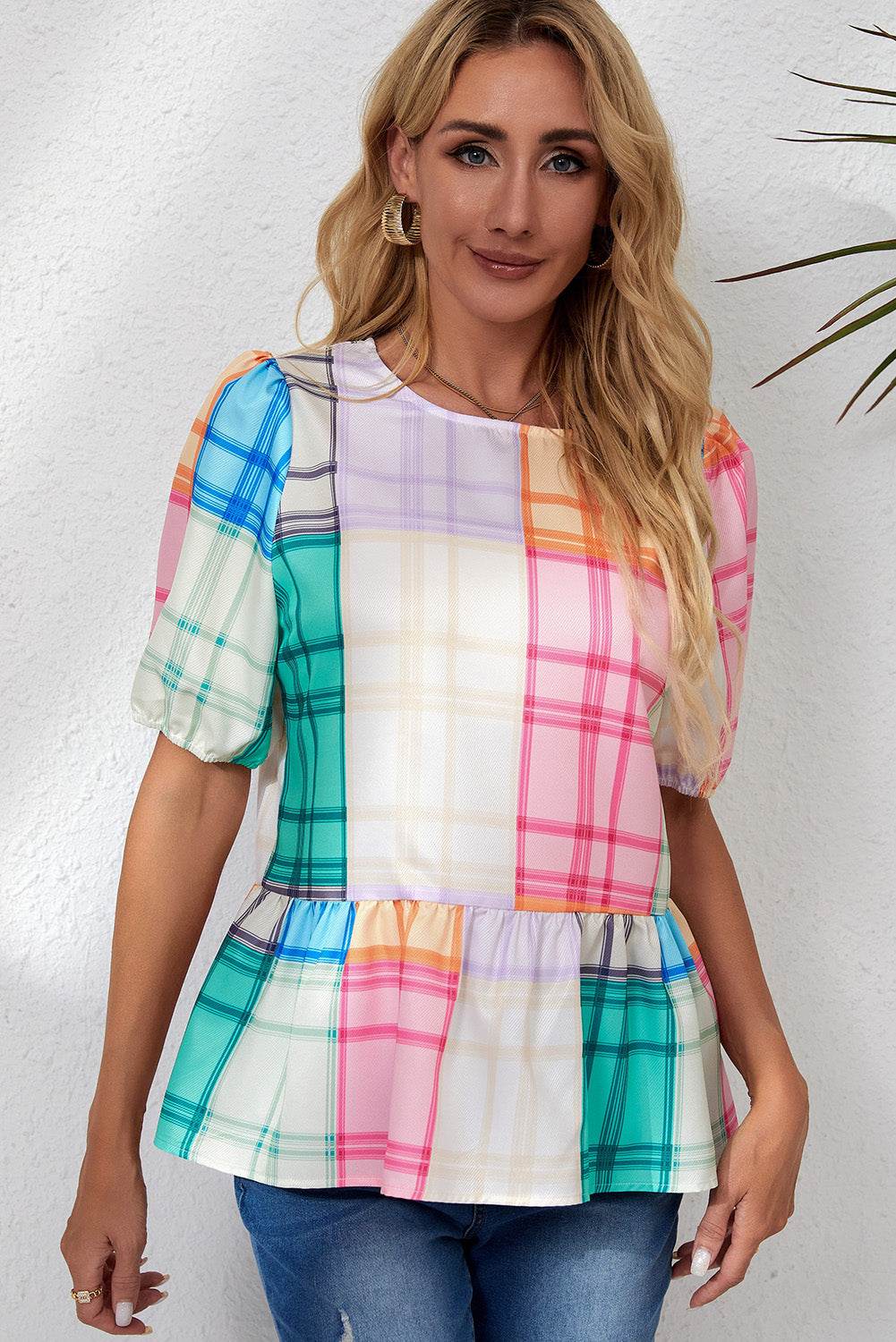 Round Neck Puff Sleeve Plaid Blouse Trendsi 77fa99c4889140d29f6458fba139bb9b-Max