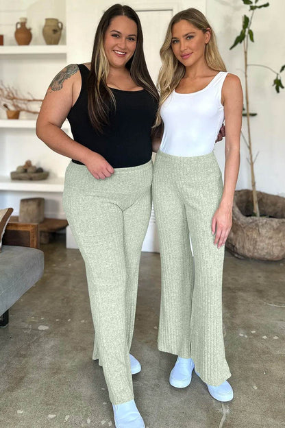 FAM-FAM Ribbed High Waist Flare Pants Gum Leaf Trendsi 78585de0-d89f-407f-b859-33e3ed149868-Max