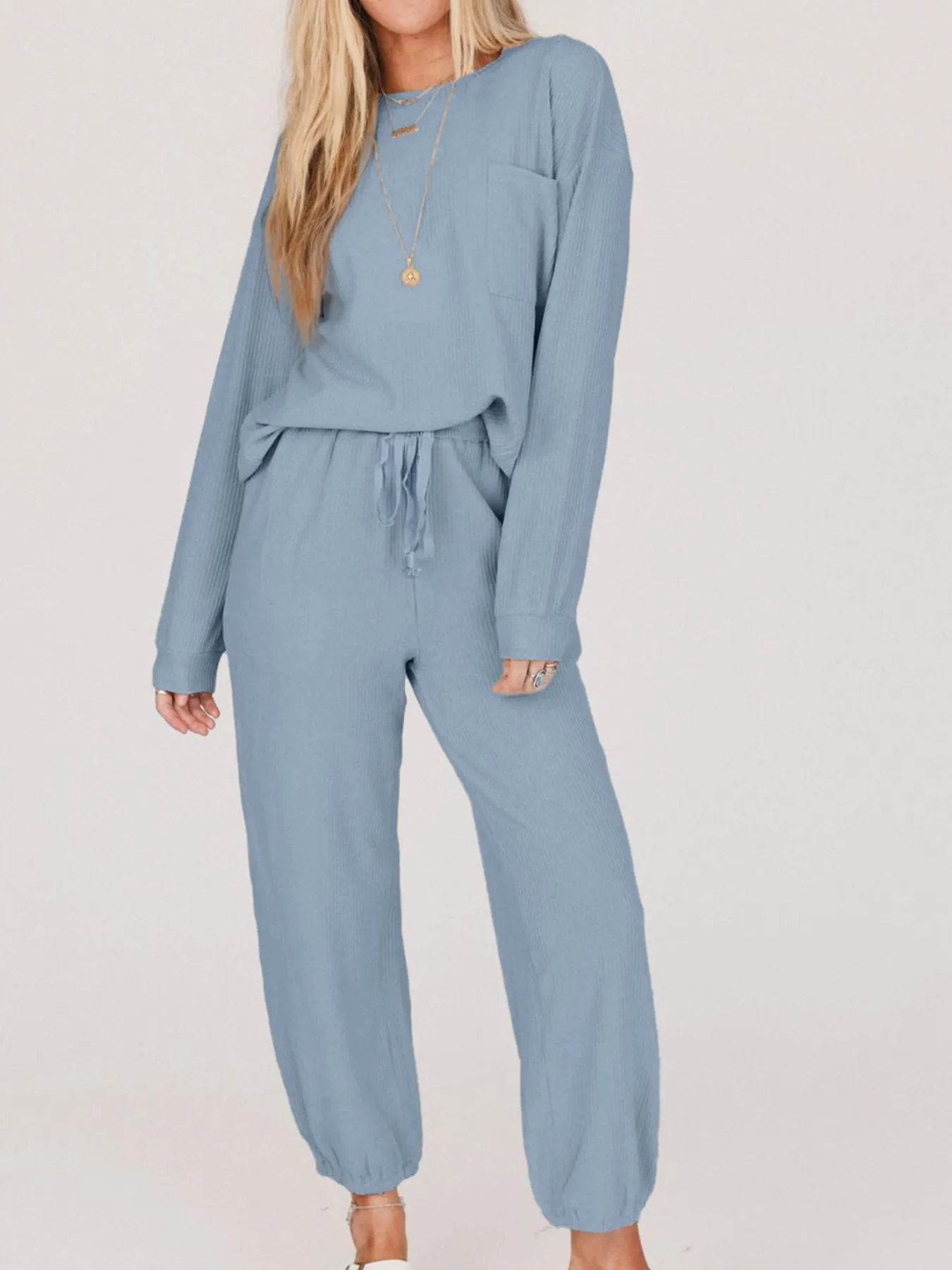 Ribbed Round Neck Sweatshirt and Drawstring Pants Set Light Blue Trendsi 7858fc83-a59e-4a5a-bdf4-c6eae936d121-Max-Origin