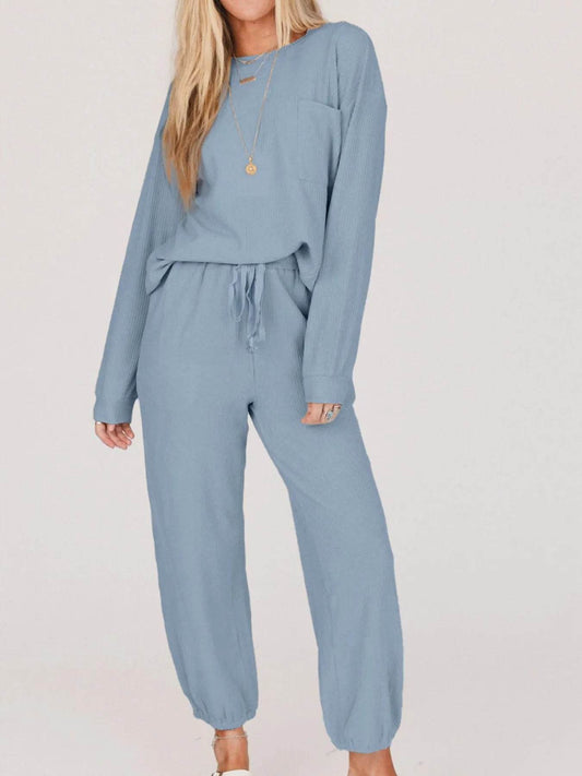 Ribbed Round Neck Sweatshirt and Drawstring Pants Set Light Blue Trendsi 7858fc83-a59e-4a5a-bdf4-c6eae936d121-Max-Origin