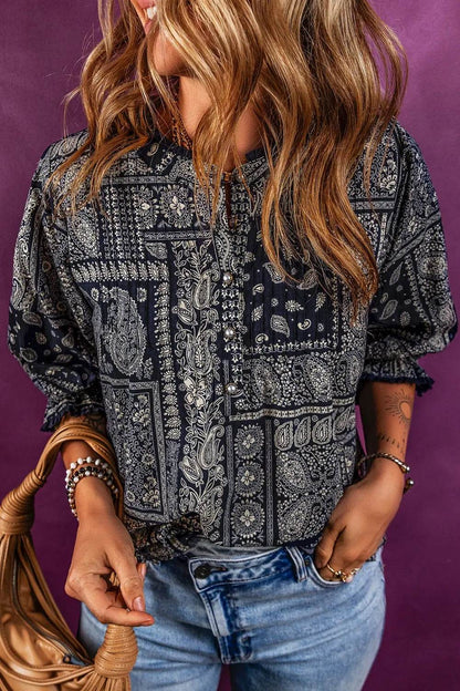Printed Buttoned Flounce Sleeve Blouse Trendsi 785bac1ced7d4c8d96eba8c97c5574d5-Max