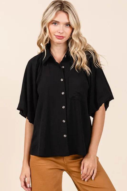 Mittoshop Airflow Short Bubble Sleeve Button Down Shirt Black Trendsi 7866d33c-307e-43c5-8a90-ec7bf132cdd1-Max