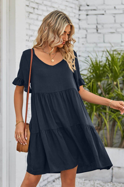 Mandy V-Neck Flounce Sleeve Tiered Dress Trendsi 788654a0f6ec447eaa92af9951dbb2e8-Max